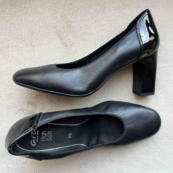 Ara Saxton Black Leather Pump w/ Patent  Leather Heel Women UK 7.5 US 10 Classic - Picture 1 of 16